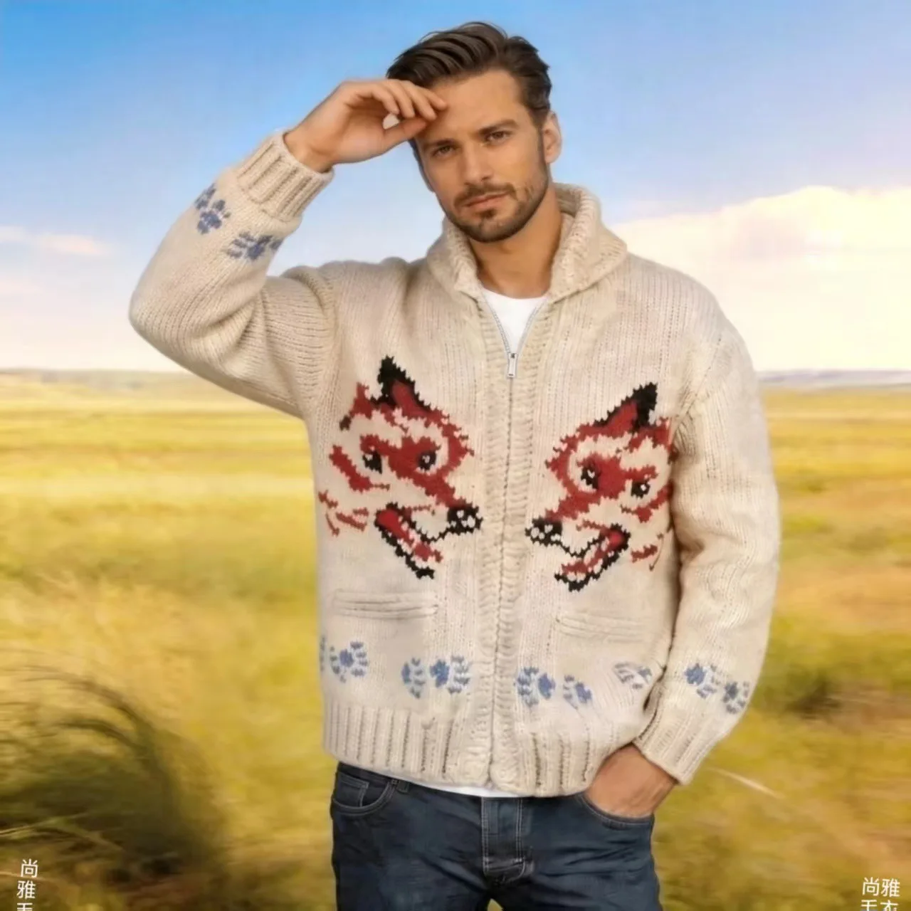 Men's Fox Plaid Knitted Sweater Blazer for Spring 2026 - Thick Knit with Zipper Closure Loose and Comfortable Style