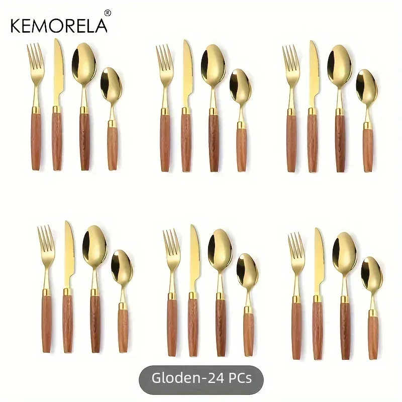 24PCS Stainless Steel Tableware Set With Wooden Handles Korean Style Suitable For Cutting Steak Cake Desserts Dishwasher Safe