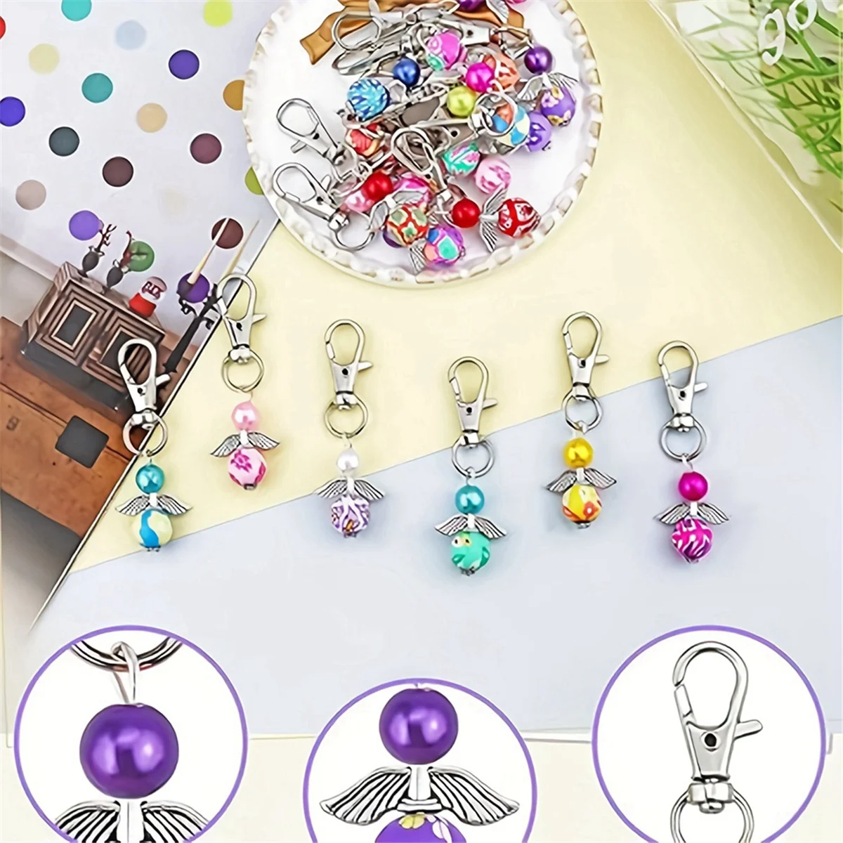 SEMOIC 20 Pcs Angel Wing Beads Angel Pearl Beads Pendant Keychain, with Swivel Clasps Hook for Bag Pouch Purse Key Holders