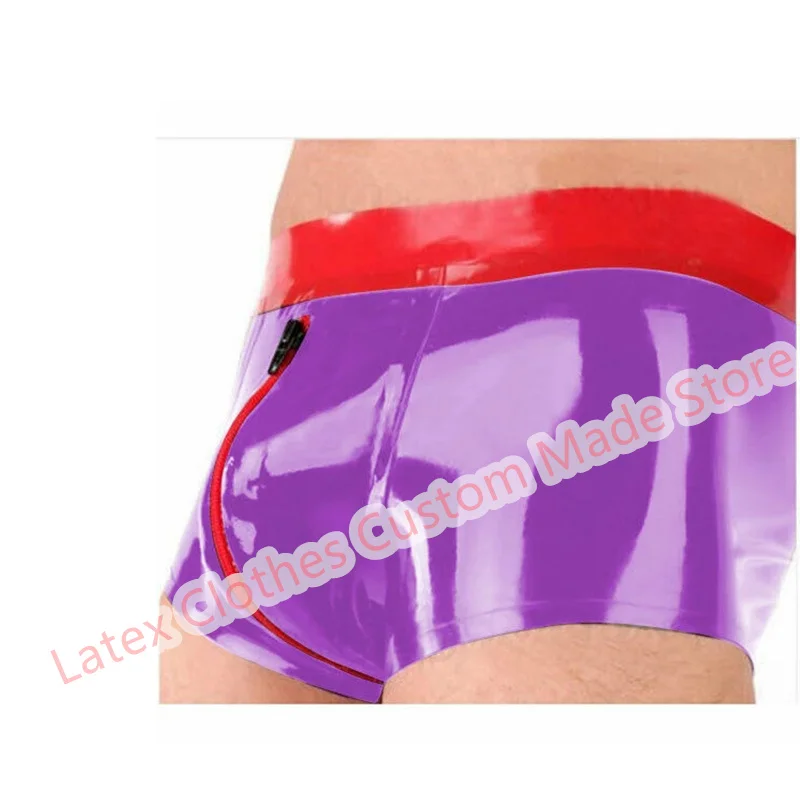 Latex Shorts Panties Red with Purple Front Crotch Zip Sexy Short Pants Rubber Men's U Pouch