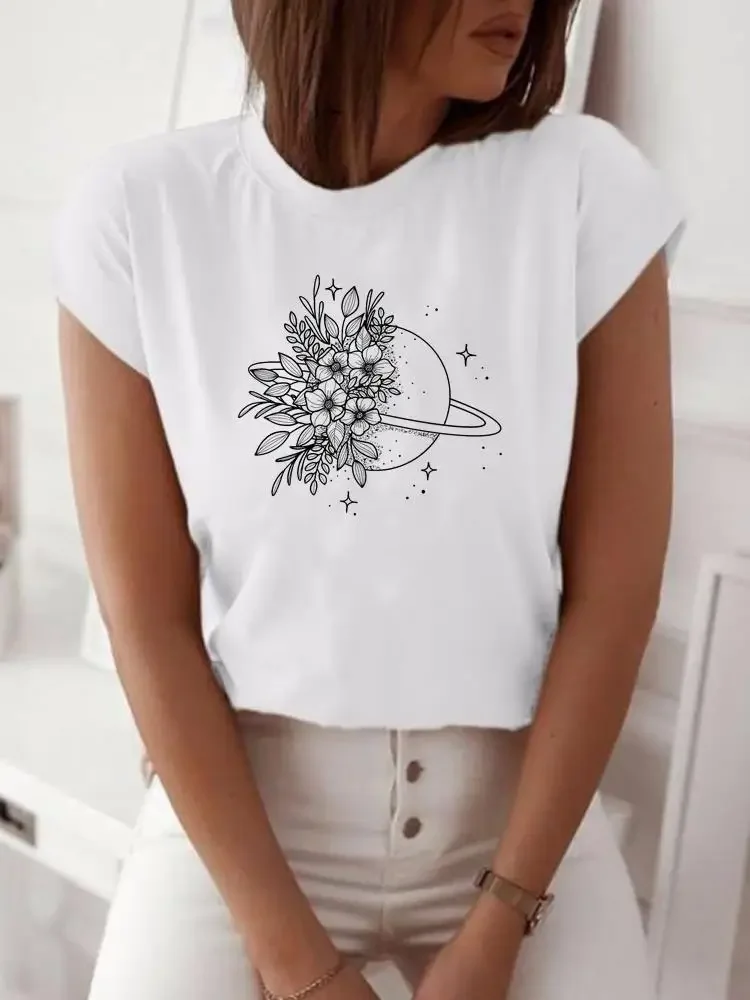 Fashion Shirt Space Flower Trend Lady Short Sleeve Print Clothes Women Spring Summer Female Tee Graphic T-shirt