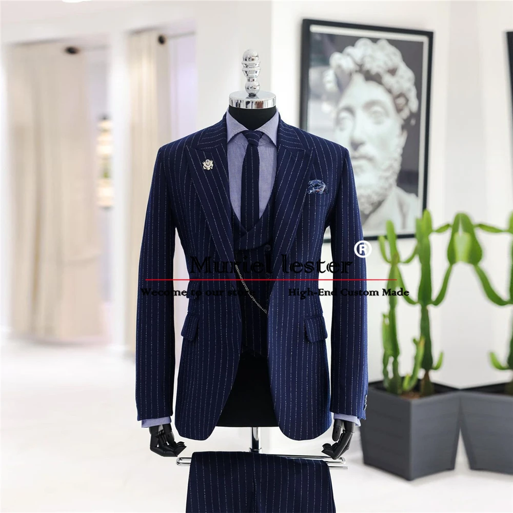 Classic Navy Blue Suit Men Business Office Peak Lapel Ivory Pencil Stripe Jacket Vest Pants 3 Pieces Formal Groom Wedding Tuxedo