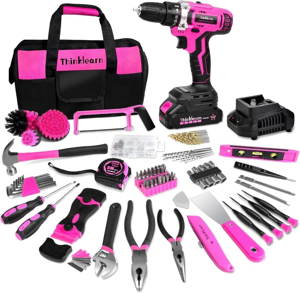 

Tool Kit with Cordless Drill Ladies Pink Drill Kit DIY Daily Repair with Large Capacity Tool Storage Bag