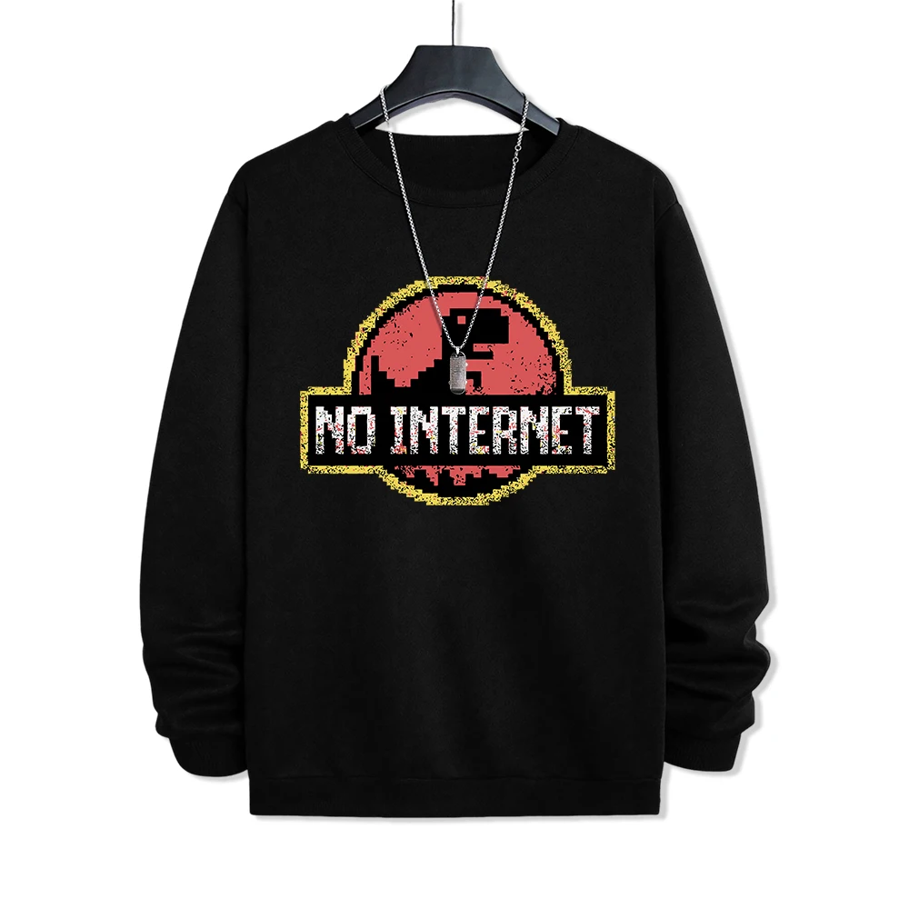 No Internet Cartoon Print Men Sweatshirt Vintage Fashion Round Neck Pullover Street Casual Clothes Simple Warm Fleece Tracksuit