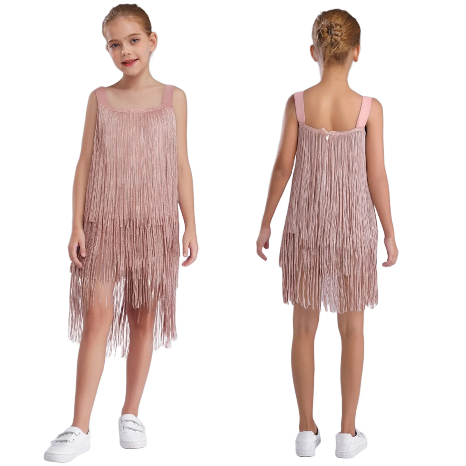 

Kids Girls Fringe Latin Dance Dress Sleeveless Wide Shoulder Straps Shimmering Tiered Tassel Dresses for Jazz Dance Performance
