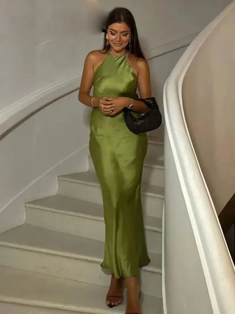 2025年新作 レディース サマードレス 無地 サテン ホルターネック バックレス ロングドレス シック セクシー エレガント ヴィンテージ 女性用イブニングドレス