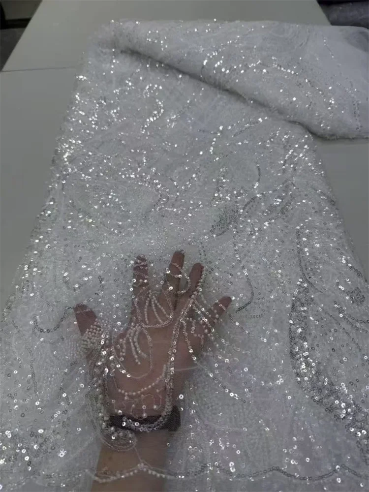 Luxury Black Sequin Tulle Lace Fabric Nigeria Heavy Beaded Lace 2025 High Quality 5 Yard For Bride Wedding Dresses Sewing