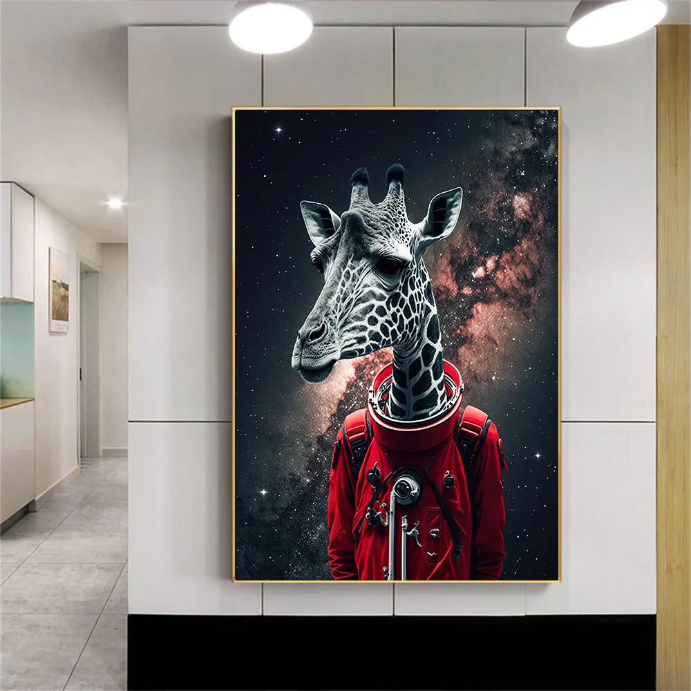 

Cute Giraffe Astronaut in a Spacesuit Poster Print on Canvas Wall Art Funny Animal Portrait Painting for Living Room Home Decor