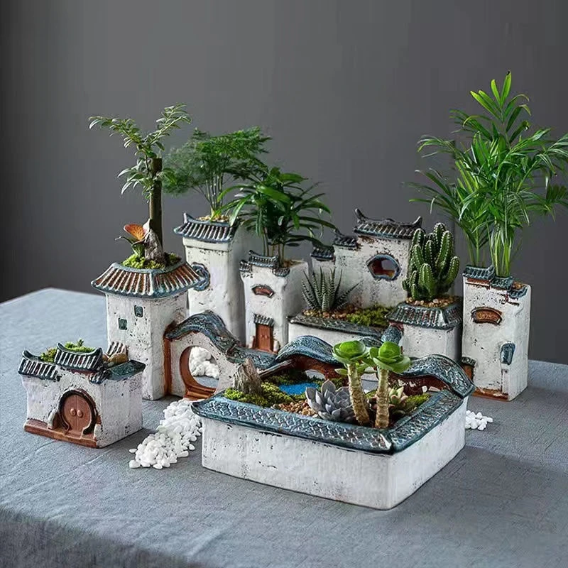 Chinese-Style Ceramic Flower Pots Courtyard Bonsai Planters Aquascape Fish Tank Decorations Office Desktop Green Plant Ornaments
