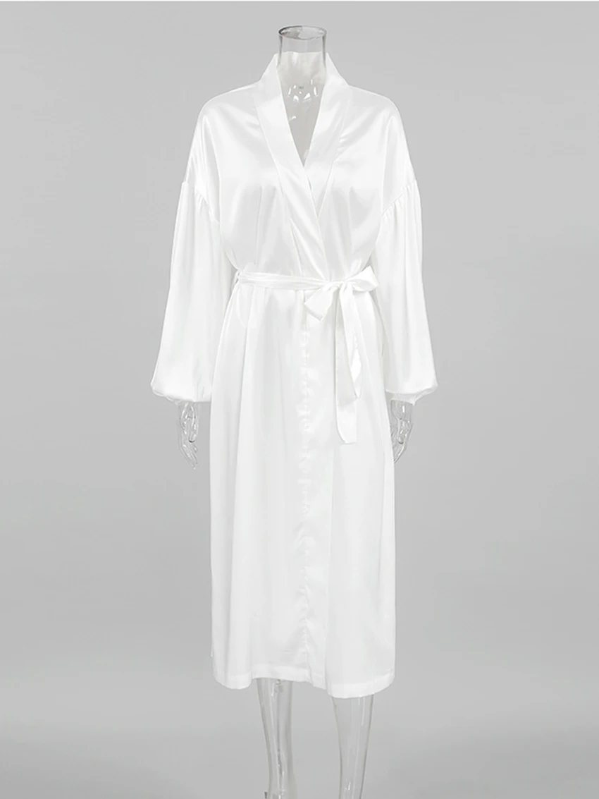 Marthaqiqi White Ladies Sleepwear Sexy V-Neck Bathrobe Long Sleeve Nightwear Lace Up Nightgowns Ankle-Length Dress Home Clothes