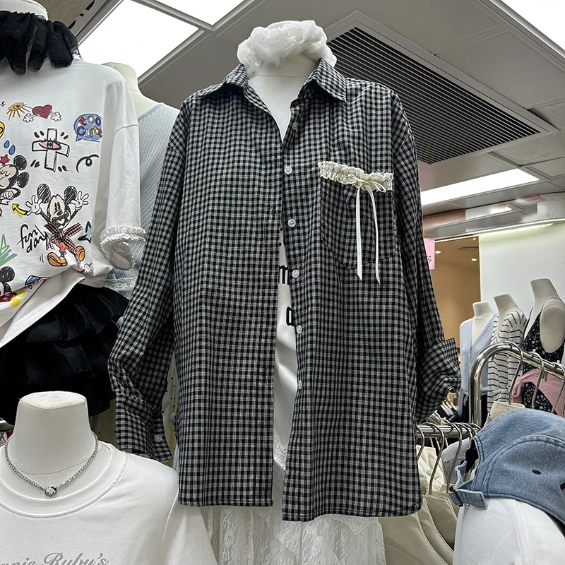 2025 Spring and Summer Korean Style POLO Collar Cartoon Plaid Shirt Long Sleeve Shirts Women's Loose Large Version Top Cardigan