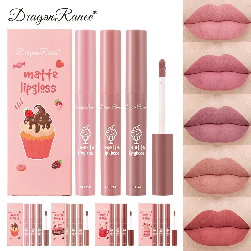 Dragon Ranee 3pcs Lipgloss Set Silky Velvety Matte Liquid Lipstick Soft Lip Glosses Waterproof Non-Stick Cup Nude Lip Glaze kit