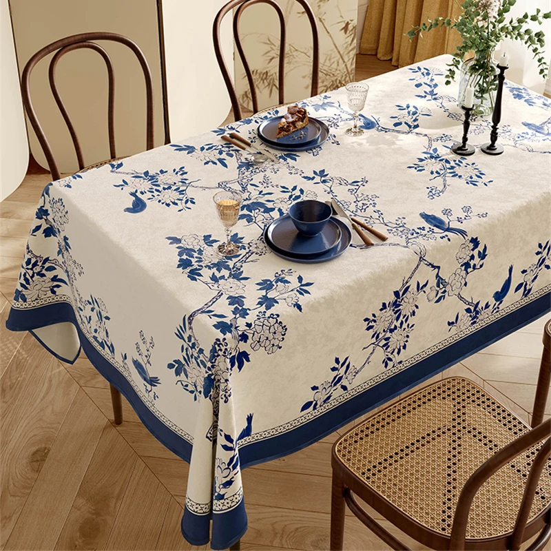 Chinese Retro Tablecloth Ink Blue and Flower Diningtable Decoration Tablecloth Rectangular Custom Home Coffeetable Cover Cloth