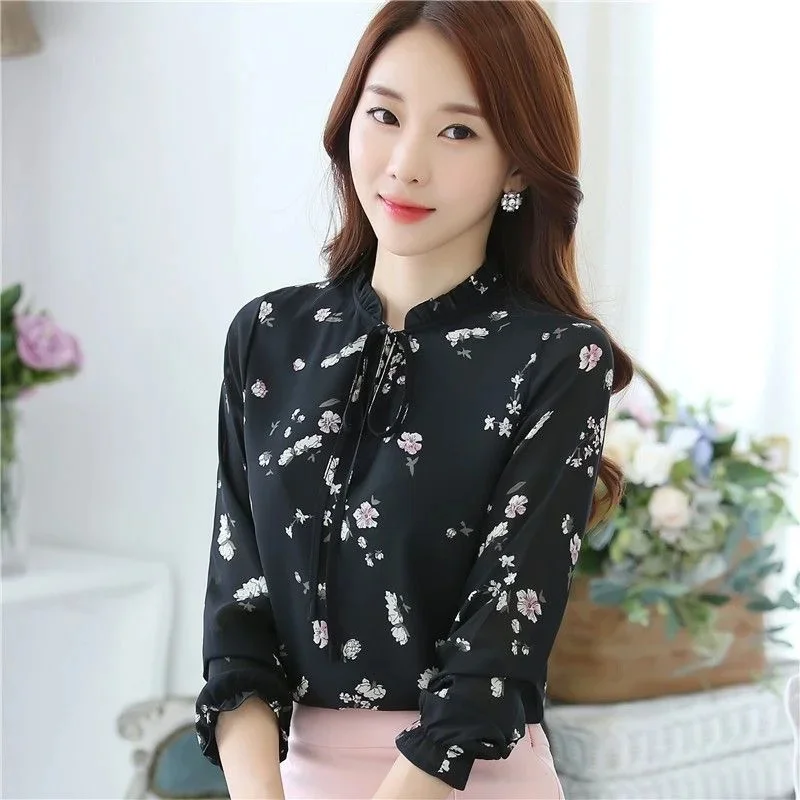 Women Spring Autumn Style Blouses Shirts Lady Casual Long Sleeve Bow Tie Collar Flower Printed Blusas Tops