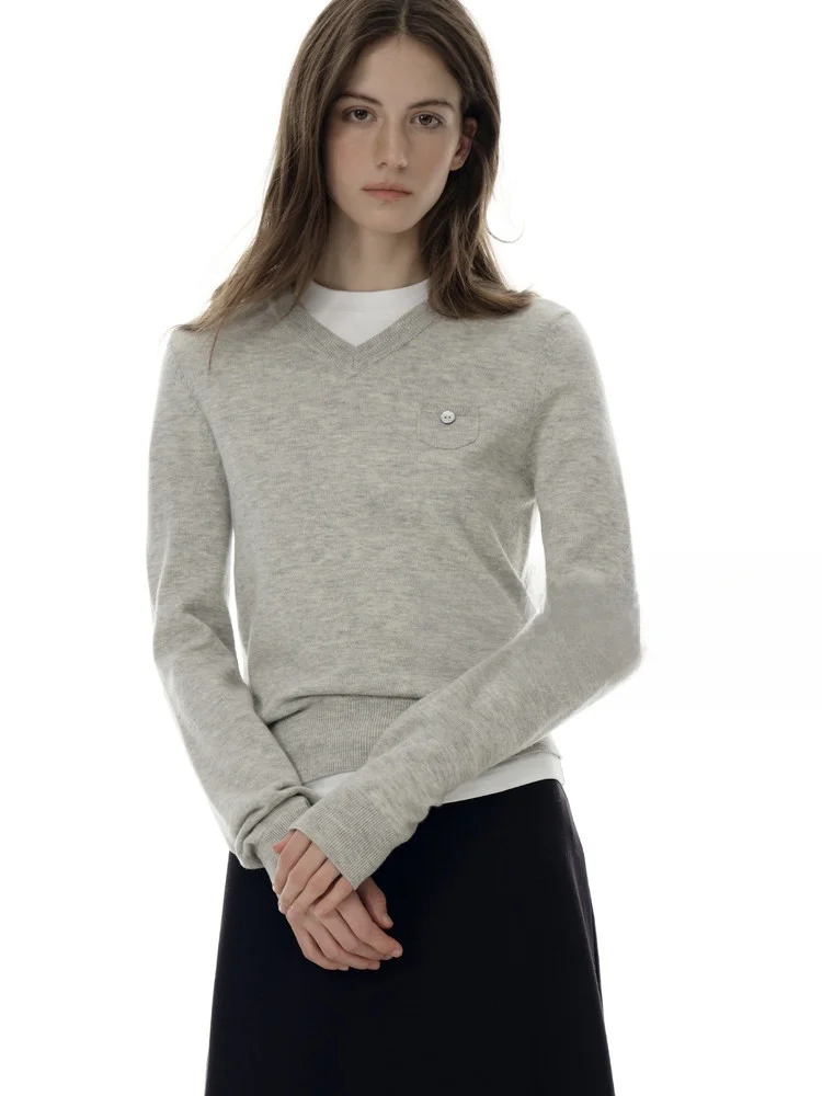 

Women's Slim Fit Wool Knitwear V-Neck Short Sleeve Sweater with Pockets Casual Style Soft Woolen Material Layering Clothes