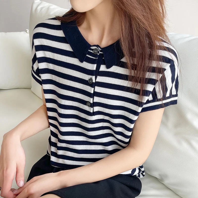 Pure Cotton Striped T-Shirt For Women Summer Thin Casual Versatile Loose Fit Wi… - Image 2