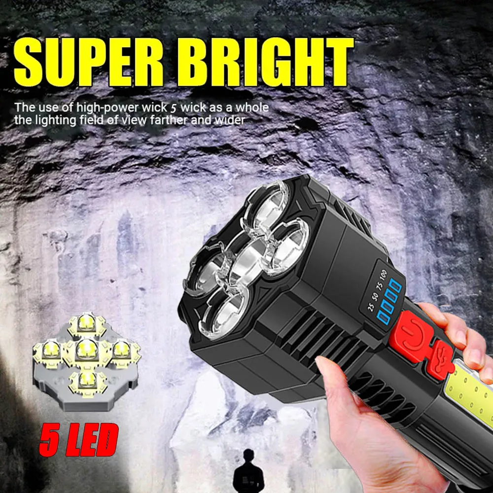

5LED High Power Flashlights Rechargeable 4 Modes Torch for Outdoor Camping Lantern Fishing Hiking COB Side Lamp Power Display