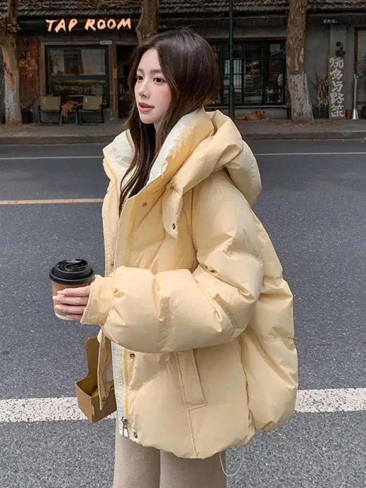 

Korean Fashion Winter Women Patchwork Hooded Short Down Cotton Coat Casual Single Breasted Jacket Fashion Thick Outwear Popular
