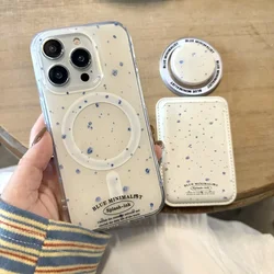 Ins Blue Ink Dots Card Holder With Holder Shockproof Protective Phone Cover Case for iPhone 16 15 14 13 12 Pro Max