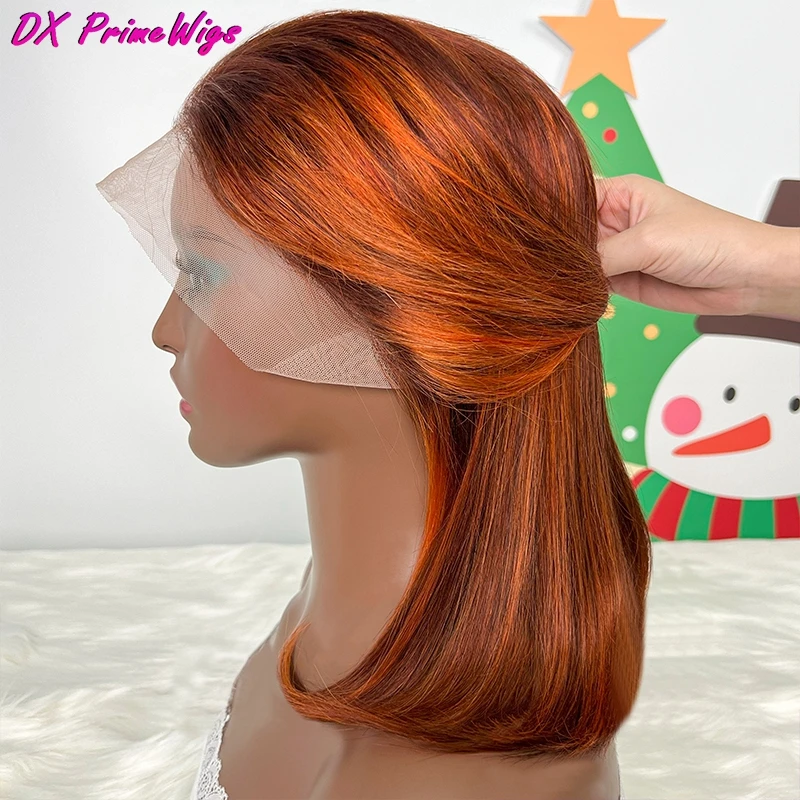 

Ginger Orange Straight Short Bob Wig Silky 200% Density Highlight Orange Color 13x4 Lace Frontal Wig 100% Human Hair Wigs P4-350