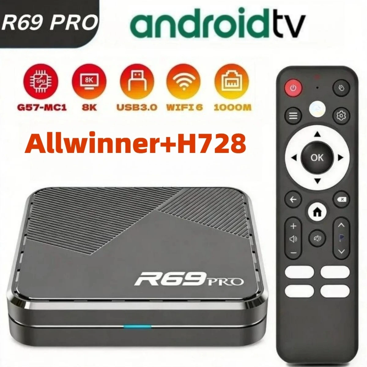 R69 PRO Smart TV Box Android 14 8K HDR10+ Allwinner H728 4GB 64GB WiFi 6 Bluetooth 5.0 1000M LAN Streaming-Media-Set-Top-Box