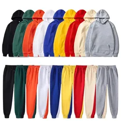 2024 New Men Women Tracksuit Hoodies Casual Solid Color Thick Pullover and Long Pant 2-piece Set Men Autumn Fleece Jogger Sports