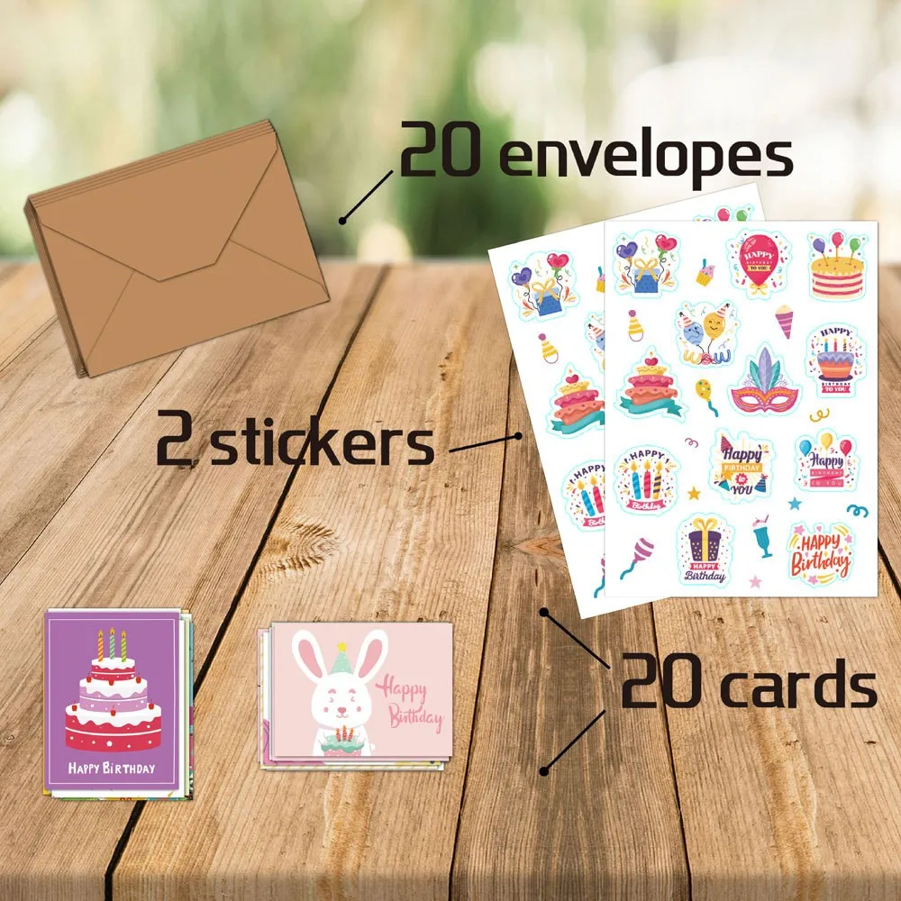 20-Pack Birthday Greeting Cards Set with Envelopes and Stickers,Cartoon Pattern, Multi-Design Paper Cards for Any Recipient