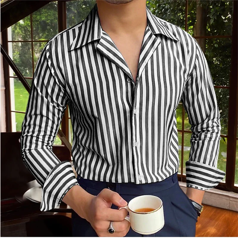 Men\'s shirt button-up shirt summer shirt blue long sleeve striped lapel vacation clothing fashionable casual comfortable S-6XL