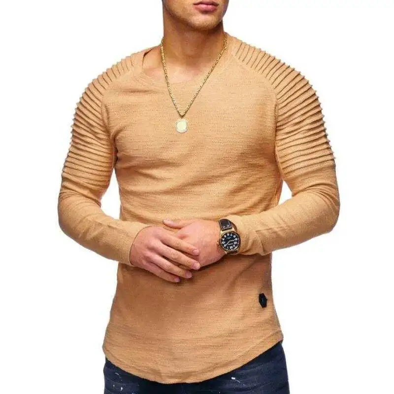Spring And Autumn New Men's Solid Color Slim Round Neck Long Fashion Fold With Shoulder Sleeve Sports T-Shirt