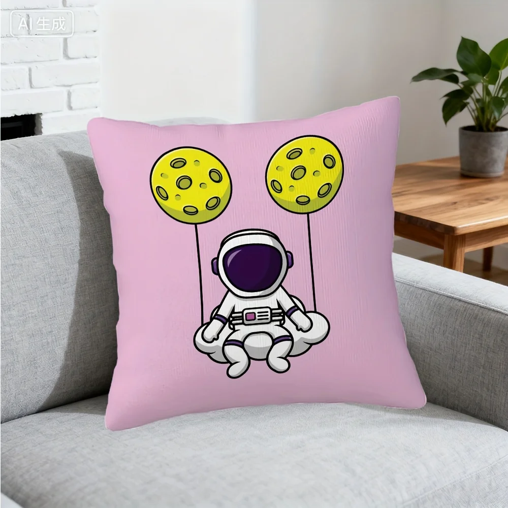 Pink Astronaut with Moon Balloons Pillow Cover Cute Space Theme Decorative Cushion Case 18x18 inch Sofa Bed Chair