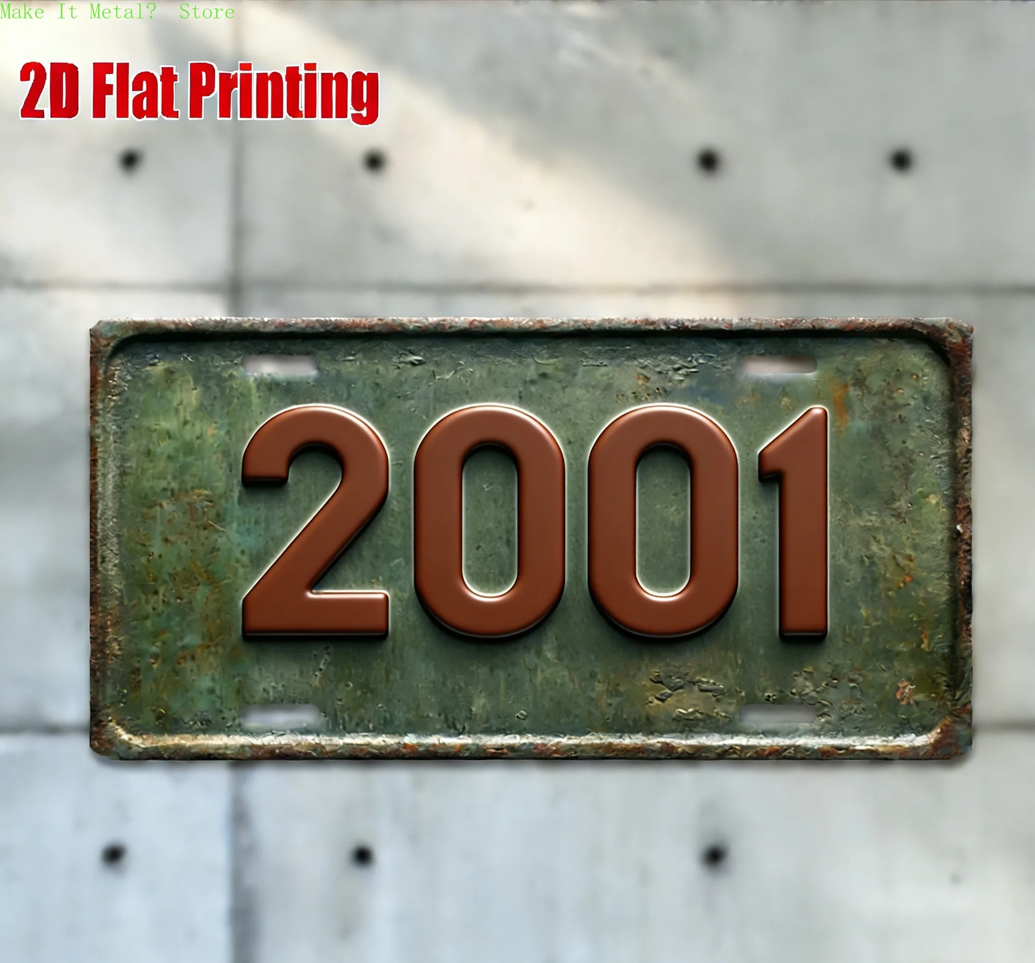 Vintage 2001 Distressed Green Metal Decorative License Plate with 2D Flat Printing, 6x12 Inch Retro Birthday Year Vanity Tag wit