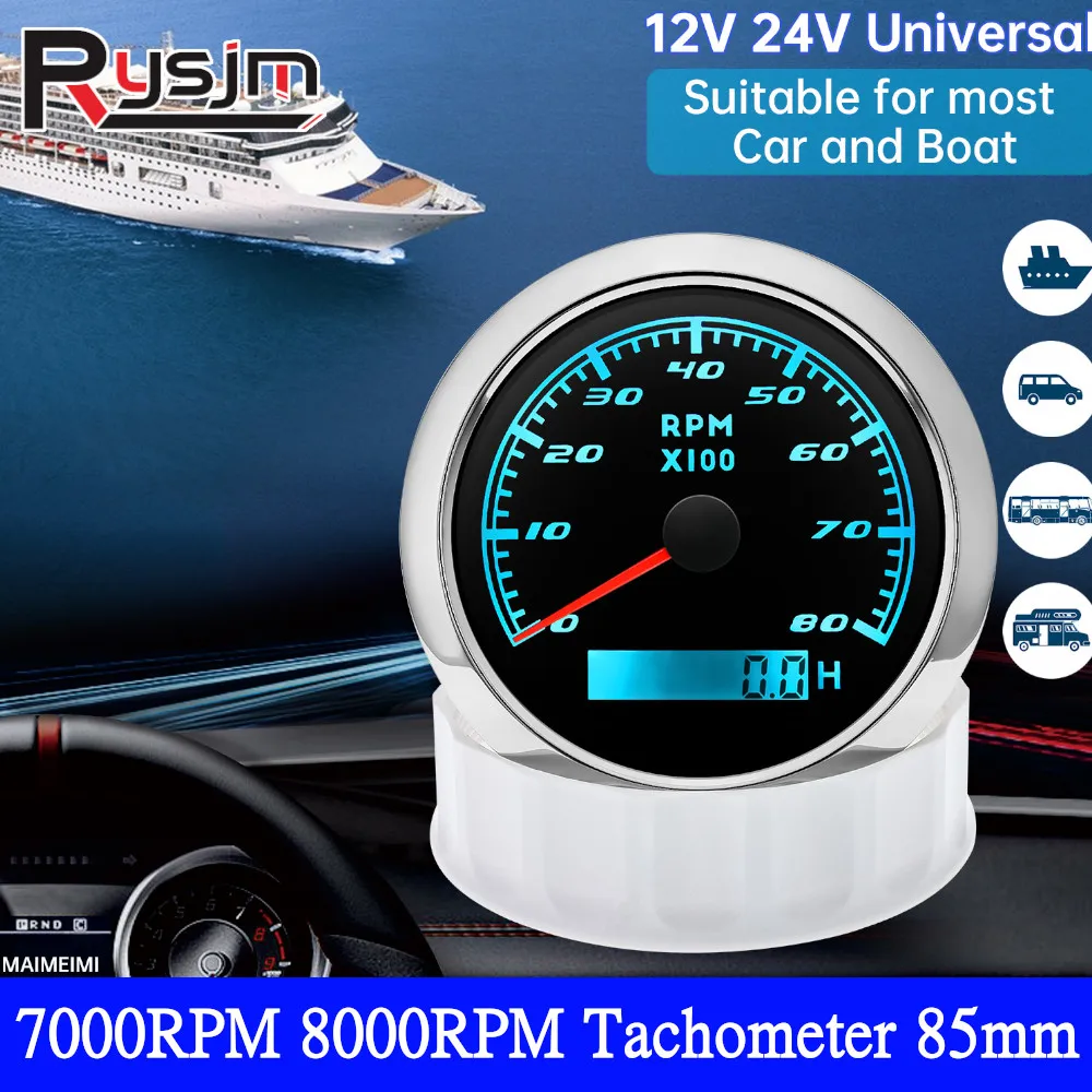 12V/24V 85mm Tachometer 7000/8000 RPM Tacho Gauges With 7 Colors Backlight Hour Meter For Marine Boat Car Yacht RPM Gauge Sensor