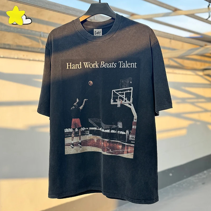 25SS Playing Basketball Graphics Print Oversized T Shirt Tee Men Women 100% Cotton Hard Work Beats Talent Saint T-Shirt Tops