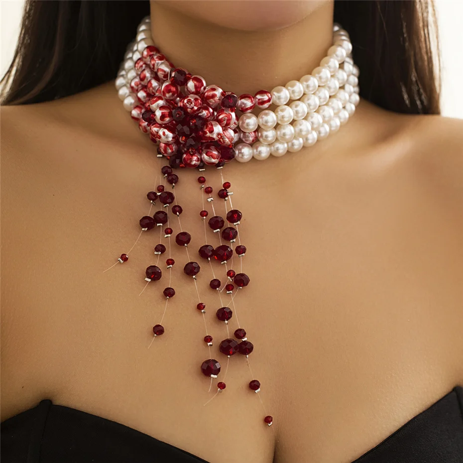 Goth Vintage Rote Blut Muster Imitation Perle Kette Halskette für Frauen Mi Braut Lange Quaste Perlen Anhänger Halloween Schmuck – Detail 2