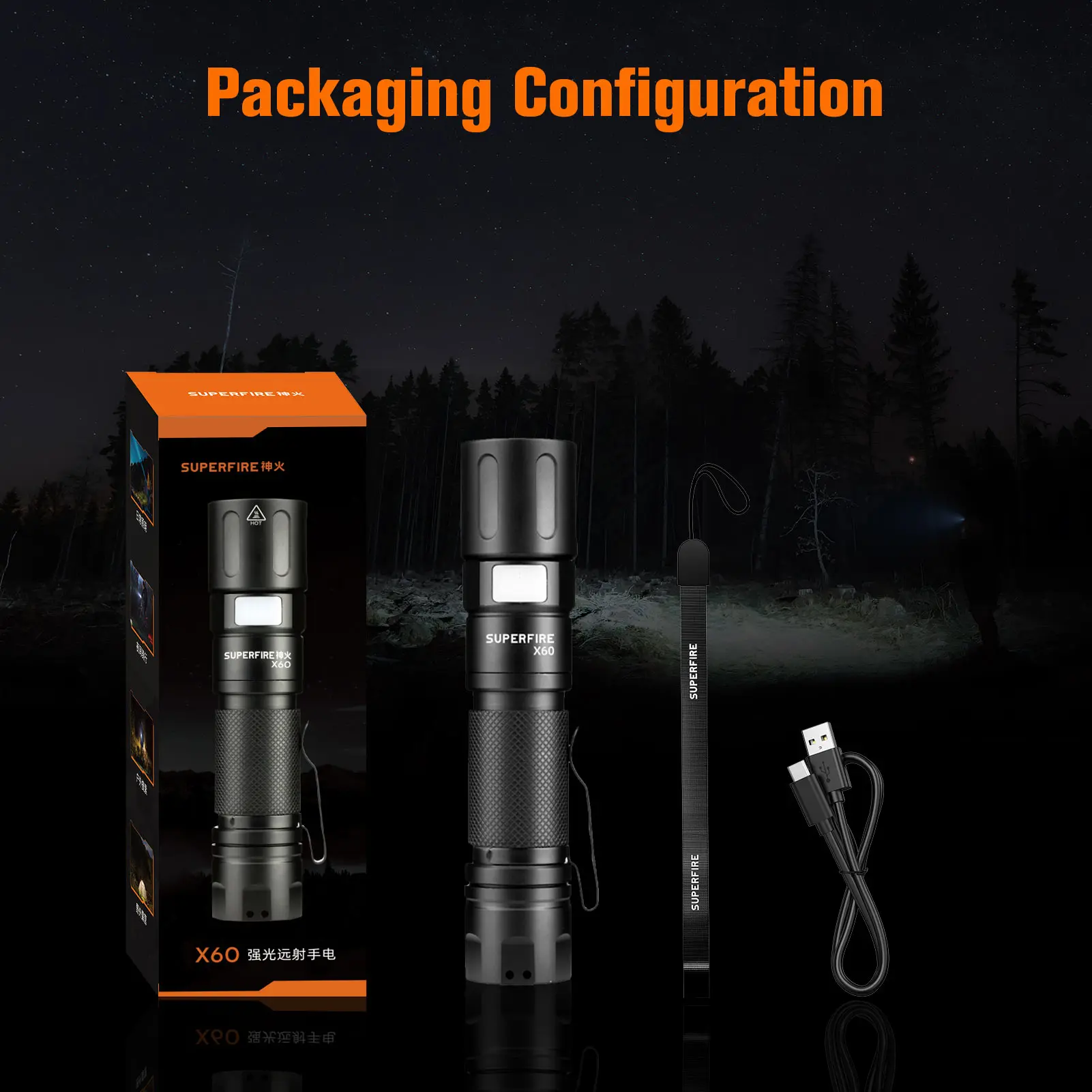 SUPERFIRE X60 Zoombare wiederaufladbare Taschenlampe, 900 Lumen, XHP90 LED, leistungsstarke, robuste, superhelle Taschenlampe – Detail 11