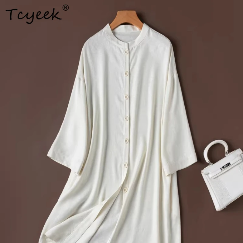 Tcyeek Kleid aus 100 % echter Maulbeerseide für Damen, elegante Damenkleider, Hemdkleid, lockere Taille, Sommerkleidung, Платье Женское