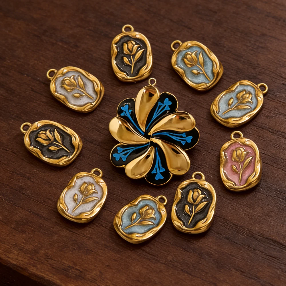 1-5PCS Enamel Charms Heart Evil Eye Sunburst Floral Pendants 18K Gold Stainless Steel for DIY Necklace Bracelet Jewelry Making - Detail 1