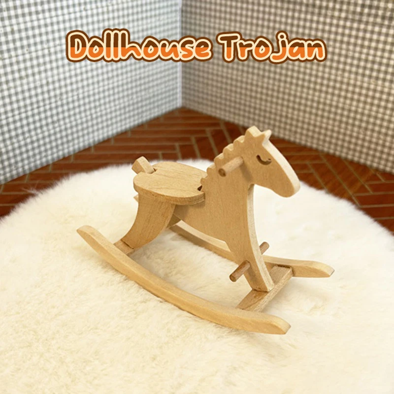 1Pc 1:12 Dollhouse Miniature Cute Wooden Trojan Horse Rocking Horse Chair Can DIY Graffiti Coloring Model Decor Toys Accessory