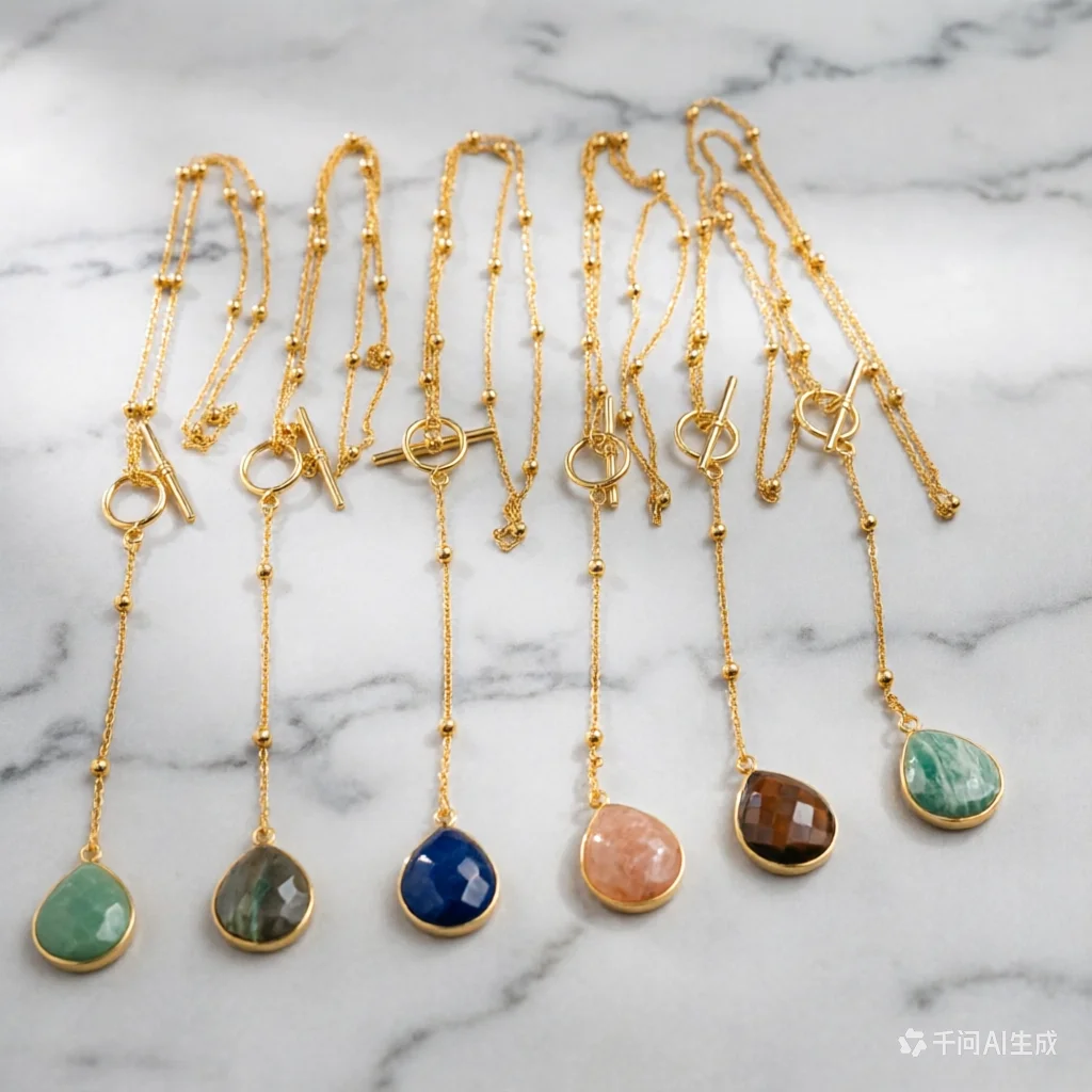 

WT-N1386 WKT Newest fashion gold plated women Lariet pendant necklace gold beads chain themed stone necklace