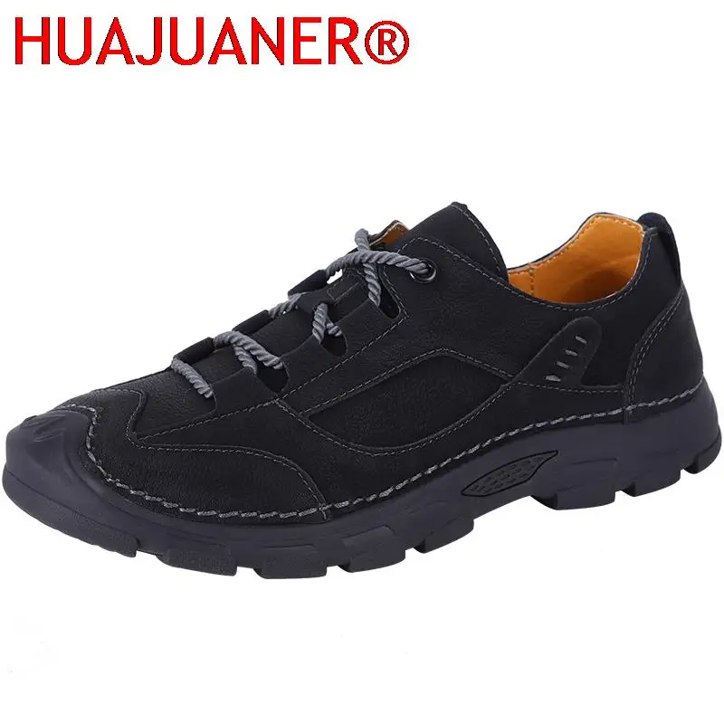 Zapatos de senderismo de alta calidad para hombre, zapatillas de deporte informales, calzado clásico de ocio para caminar al aire libre, zapatos planos sólidos hechos a mano con cordones