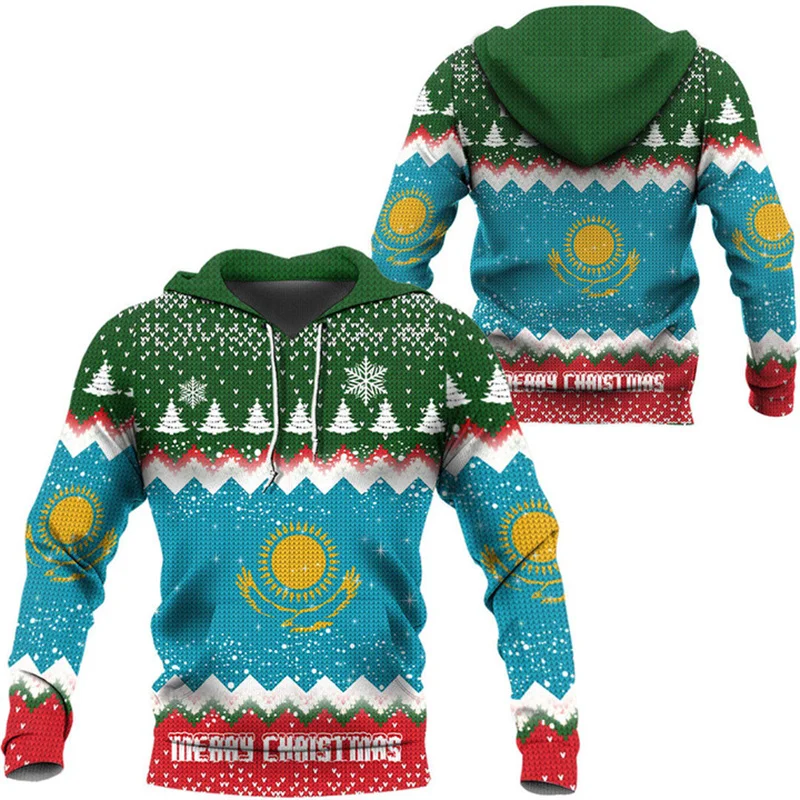 The Republic-of Kazakhstan Map Flag 3D Printing Hoodies Kazakhstan Coat Of Arms Graphic Hooded Sweatshirts Vintage Mens Clothing