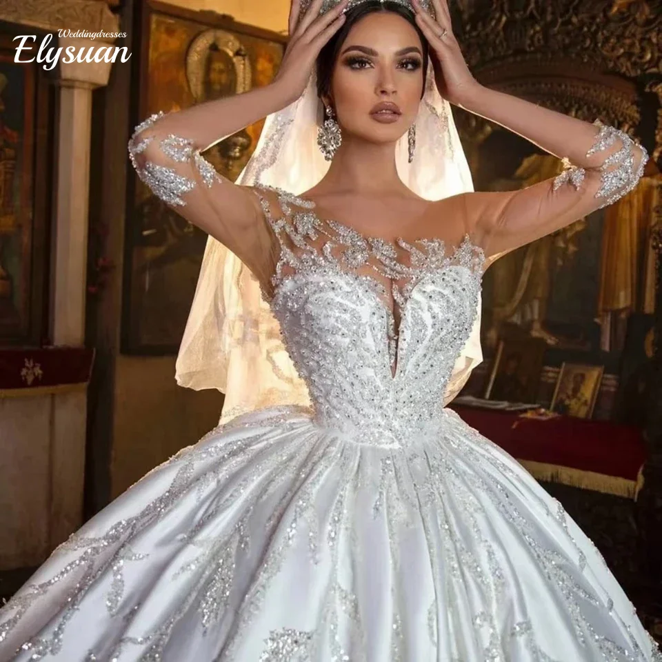 Customized Luxury Sequin Crystal Beaded Satin Ball Gown Wedding Dresses Illusion O-Neck Sweep Train Bridal Gowns Plus Size For W
