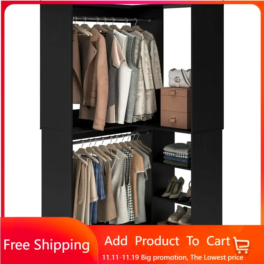 Corner Closet System, 36” Large Freestanding Closet Organizer Tower with 2 Hanging Rods and Storage Shelves