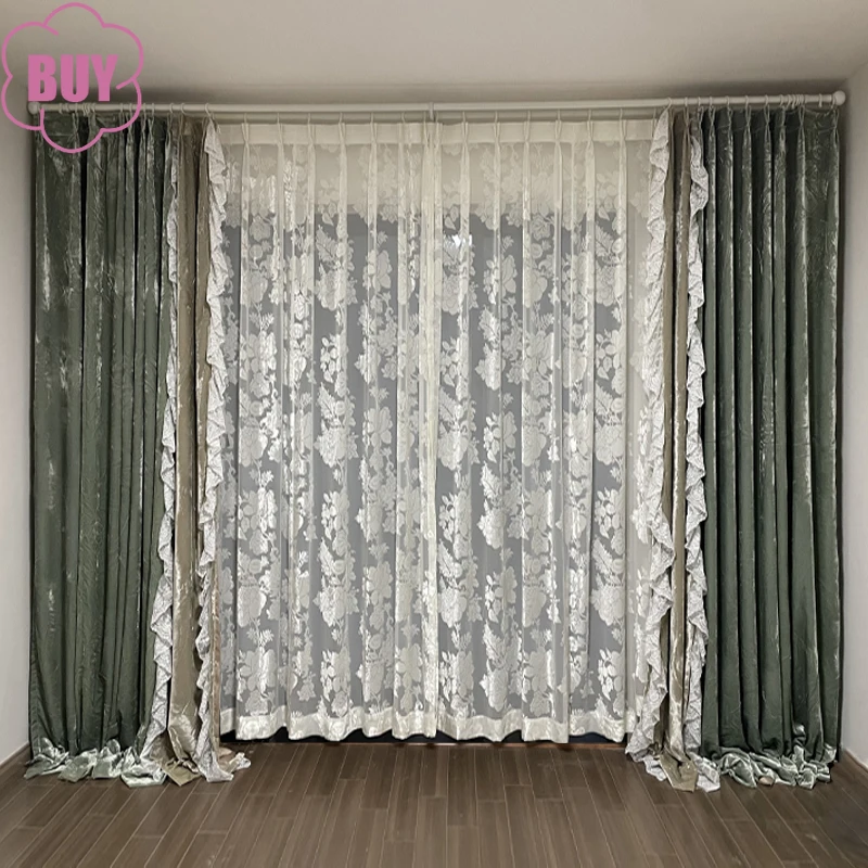 French Romantic Velvet Thickened Lace Splicing Blackout Curtains for Living Room Bedroom Villa French Window Customized