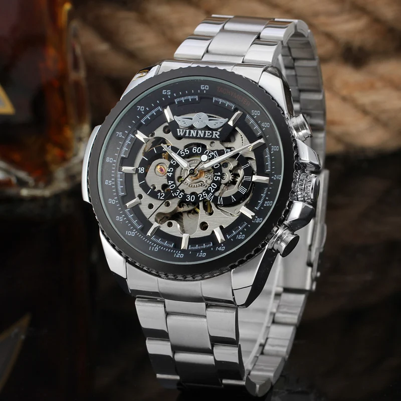 

Luxury Design Skeleton Watch Men's Automatic Self Wind Mechanical Watches Silver Steel Strap Classic Dress Military Wrist Watch