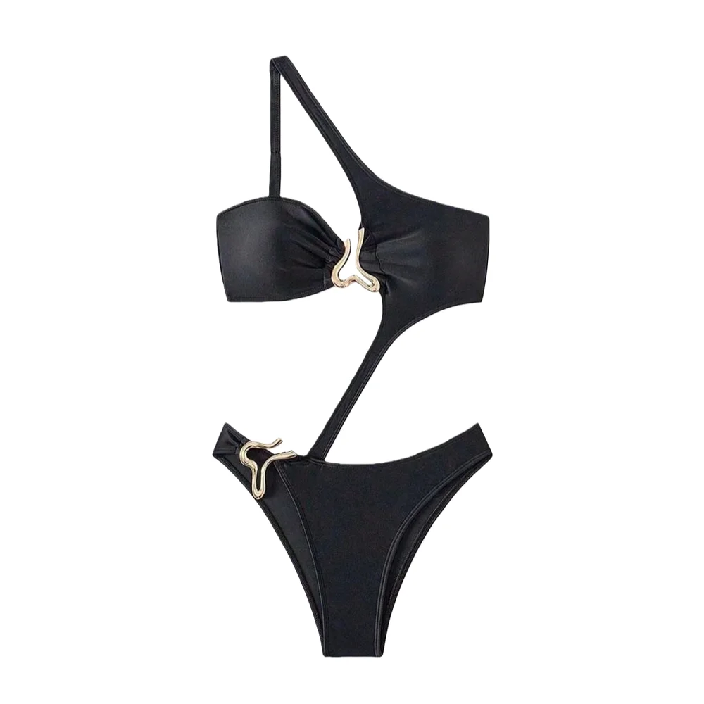 ชุดว่ายน้ำวันพีซแบบเปิดไหล่ข้างเดียวสุดเซ็กซี่สำหรับผู้หญิง สีดำ ชุดว่ายน้ำเปิดหลังประดับด้วยโลหะสีทองสำหรับวันหยุดพักผ่อนที่ชายหาด