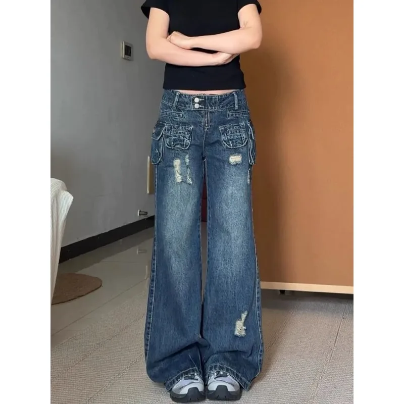 

Винтажные широкие джинсы-брюки с карманами, женские синие мешковатые джинсы-карго в стиле Y2K, американский уличный стиль, эстетика Харадзюку