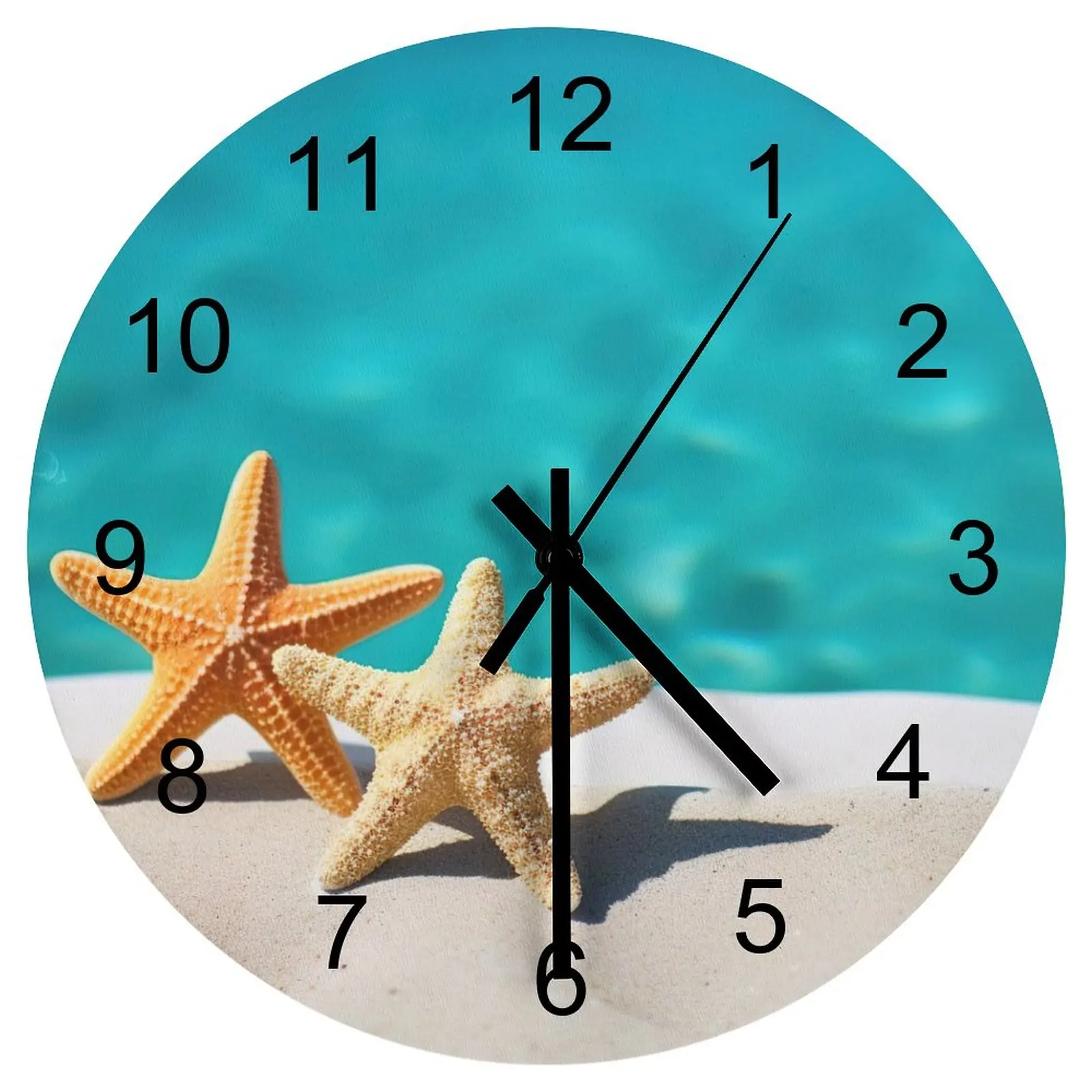 

Office Wall Clock Beach Starfish Sea star Clocks 12 inch Mute Wood Round Artistic Durable Fantasy