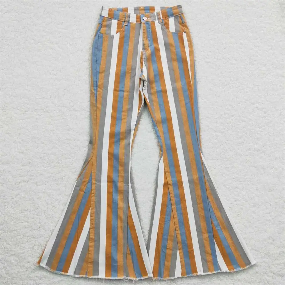 Wholesale Boutique Adult Women Adjustable Denim Jeans Colorful Striped Bell Bottom Pants Pocket Trousers