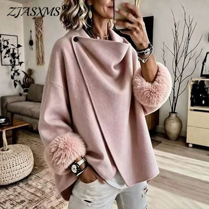 Women Draped Cowl Neck Solid Cape Coats Sleeve Faux Fur Cuff One Button Loose Jackets Fall Winter Street Elegant Party Outerwear